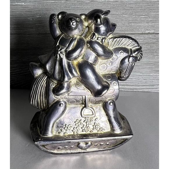 Lenox Kirk Stieff Col. Teddy Bears on Rocking Horse Silverplate Coin Piggy Bank - Picture 1 of 7